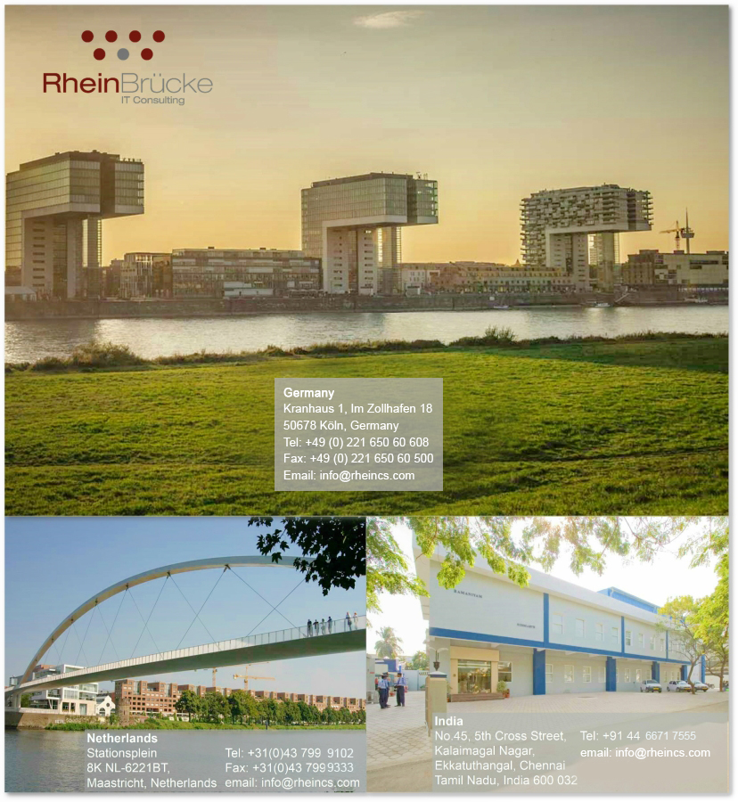 RheinBrücke IT Consulting office locations in Germany, Netherlands and India.